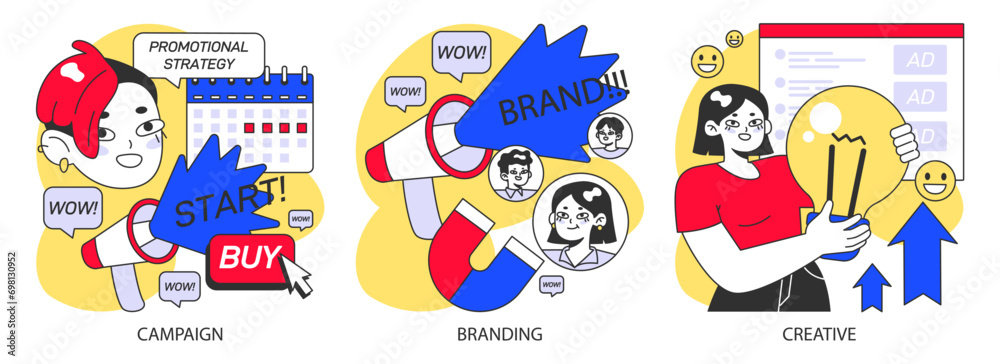 Fototapeta premium Marketing essentials set. Launching campaigns, establishing brand presence, and fostering creativity. Effective advertising steps visualized. Flat vector illustration.