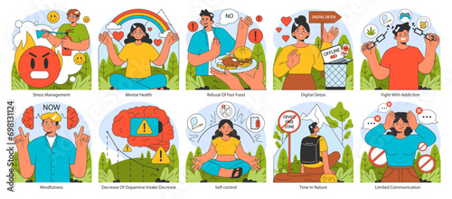 Dopamine fasting set. Techniques for mental rejuvenation and addiction combat. Mindful lifestyle changes promoting health. Flat vector illustration.