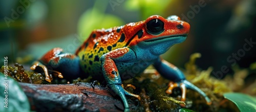 Exotic amphibian kept as a pet in a terrarium in Costa Rica and Panama: red and blue-legged beauty.