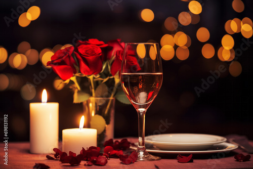 Glass of wine lit candles and bouquet of red roses on festive bokeh background. Valentine day anniversary birthday event celebration