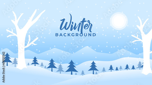 Winter blue sky with falling snow, snowflakes with winter landscape background