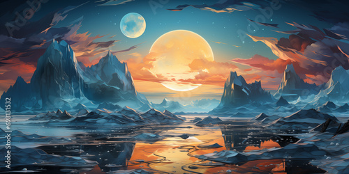 dreamscape, fantastic extraterrestrial ice landscape with mountains and sea photo