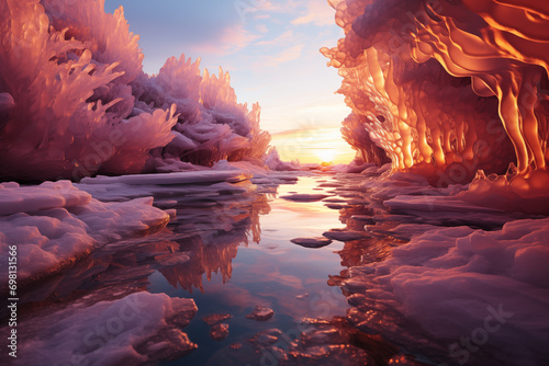 fantasy landscape with ice crystals at sunset