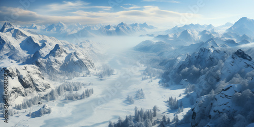 aerial view of winter mountain landscape with frozen river