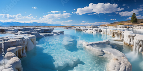 beautiful landscape with turquoise clear water in a natural cascade of mineral springs