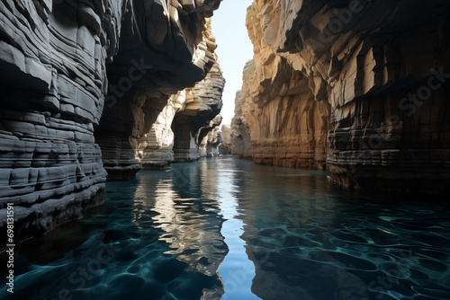 beautiful view of the deep karst canyon with clear turquoise water in the mountains