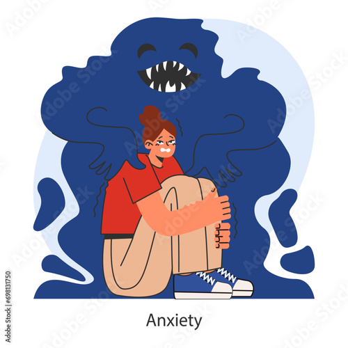 Anxiety. Character mental health issues. Woman coping with psychological stress. Mental disorder emotional and physical symptom. Flat vector illustration