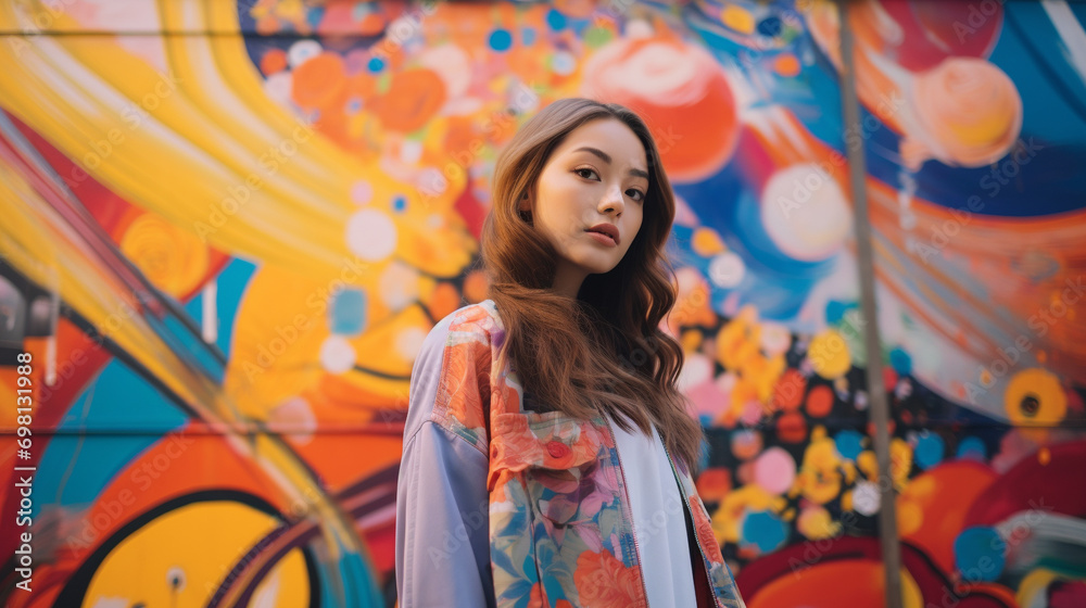 Vibrant Gen Z Style Confident Girl in Colorful Shirt Posing Against Graffiti Wall Art Embracing Youthful Individuality and Modern Confidence Vibrant Gen Z Style Confident Girl in Colorful Shirt Posing Against Graffiti Wall Art Embracing Youthful Individuality and Modern Confidence