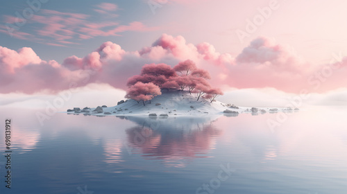 Minimalist Pink 3D Rendered Island Surreal Landscape © Haja