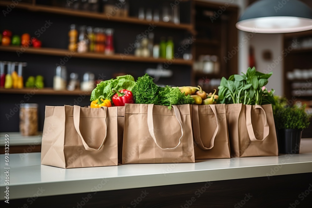 Grocery Store Paper Bags Filled with Fresh Fruits and Vegetables, Copy Space Available Grocery Store Paper Bags Filled with Fresh Fruits and Vegetables, Copy Space Available