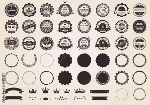 Set of premium quality, guaranteed, genuine badges. Premium luxury emblems in retro style. Vintage decoration.