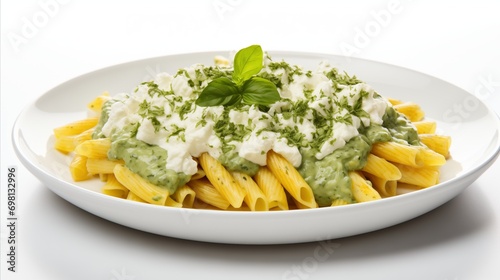 Photo of pasta with green sauce in front of white background