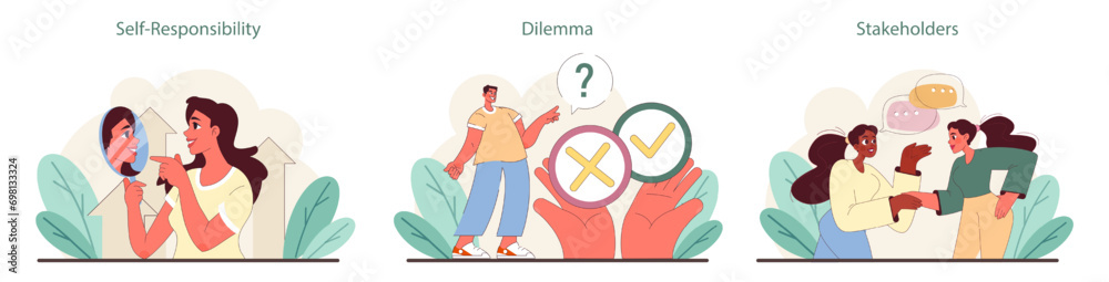 Ethical Behavior set. Self-reflection on responsibility, weighing ...