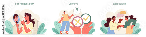 Ethical Behavior set. Self-reflection on responsibility, weighing dilemmas, and considering stakeholder perspectives. Flat vector illustration.