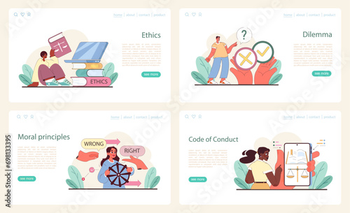 Ethical Behavior set. Delving into ethics, confronting dilemmas, aligning with moral principles, and establishing conduct codes. Flat vector illustration.