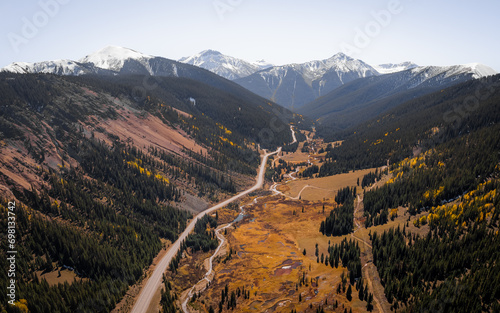 Colorado Epic Wide Aerial View of Million Dollar Highway Valley Panorama in Autumn. Colorful Scenery Famous American Road photo