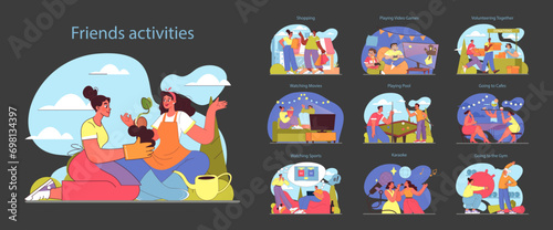 Friends activities set. From gardening and shopping to volunteering and gym workouts. Diverse indoor and outdoor bonding experiences. Shared moments of leisure and lifestyle. Flat vector illustration.