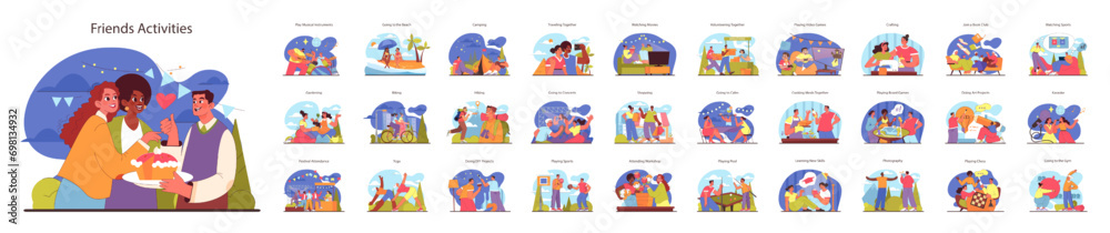 Group of friends activities, from music and beaches to crafting and games. Diverse interests and bonding leisure with loved ones. Scenes with people having fun together. Flat vector illustration. Group of friends activities, from music and beaches to crafting and games. Diverse interests and bonding leisure with loved ones. Scenes with people having fun together. Flat vector illustration.