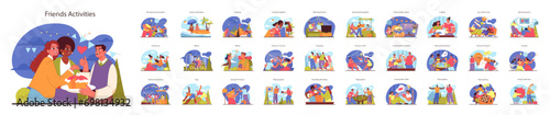 Group of friends activities, from music and beaches to crafting and games. Diverse interests and bonding leisure with loved ones. Scenes with people having fun together. Flat vector illustration. photo