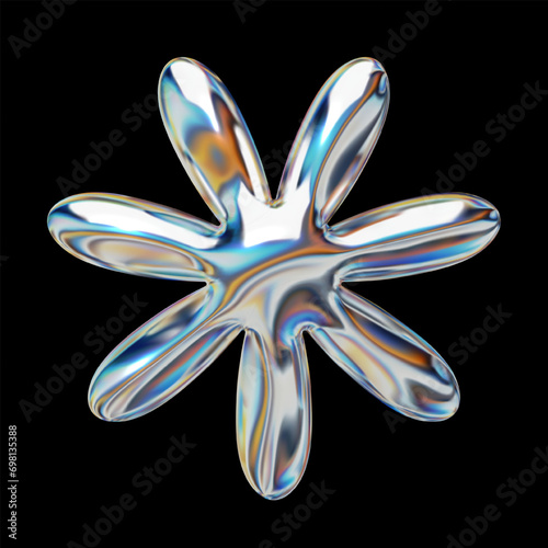 3D glossy chrome holographic flower shape, metallic Y2K design element, isolated vector for futuristic graphic