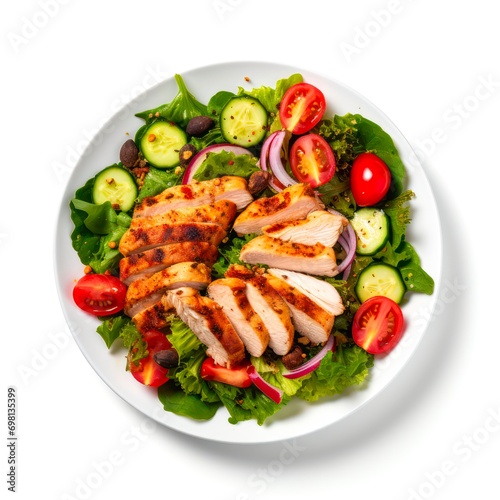 Plate of fried chicken with vegetable salad on white background, top view.
