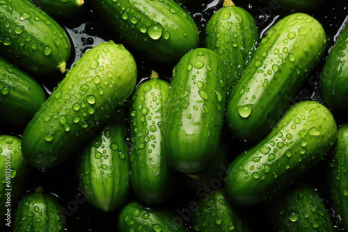 Fresh green cucumbers from field background