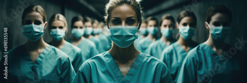 Team of doctors and nurses in protective suits and masks in the hospital. Horizontal banner photo
