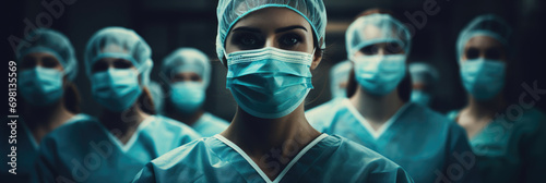 Doctors and nurses in protective suits and masks in the hospital. Horizontal banner photo