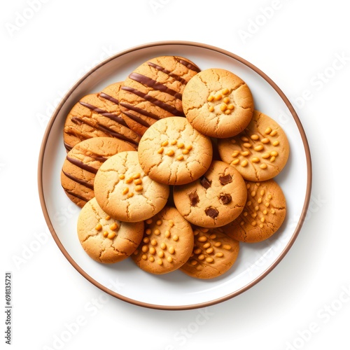 Plate of tasty cookies on white background, top view.