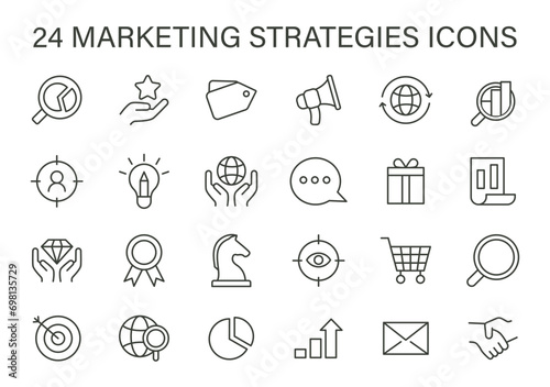 Marketing Strategies Icons Set. A collection of line icons representing key marketing strategies including SEO, social engagement, and analytics. Flat vector illustration.