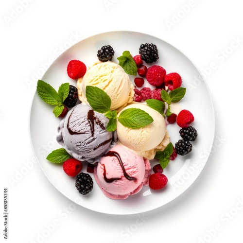 Plate of ice cream balls with fresh berries on white background  top view.