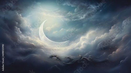 A crescent moon, faintly visible through wispy clouds, creating an ethereal scene.
