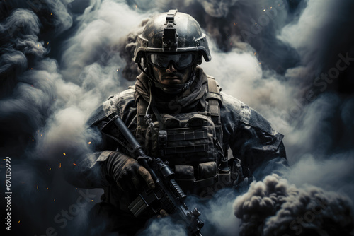 Portrait of a special forces soldier in the smoke photo