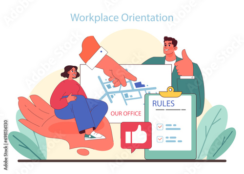 Workplace orientation concept. First day at work with office map and company rules. Thumbs up for a smooth start. Flat vector illustration.