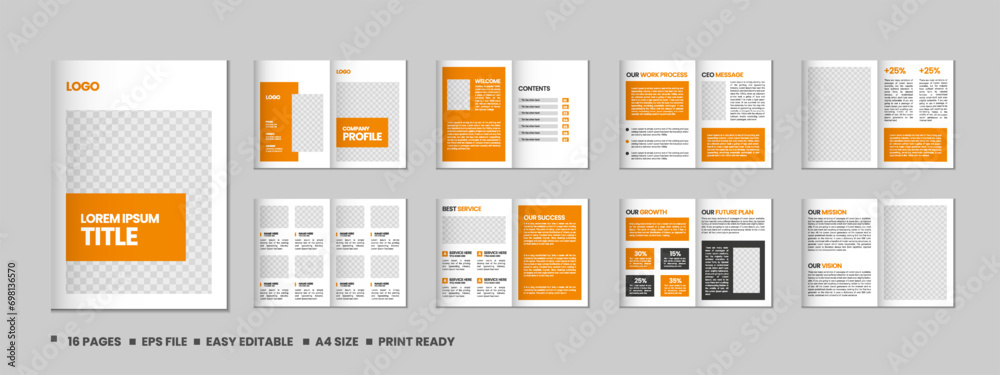 Company profile, multipage flyer brochure, 16 pages portfolio magazine, annual report, catalog and a4 multipage template design - obrazy, fototapety, plakaty 