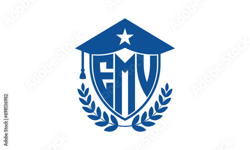 EMV three letter iconic academic logo design vector template. monogram, abstract, school, college, university, graduation cap symbol logo, shield, model, institute, educational, coaching canter, tech