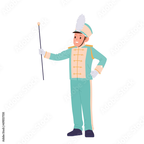 Little boy kid major cartoon character holding stick in hand marching military orchestra parade