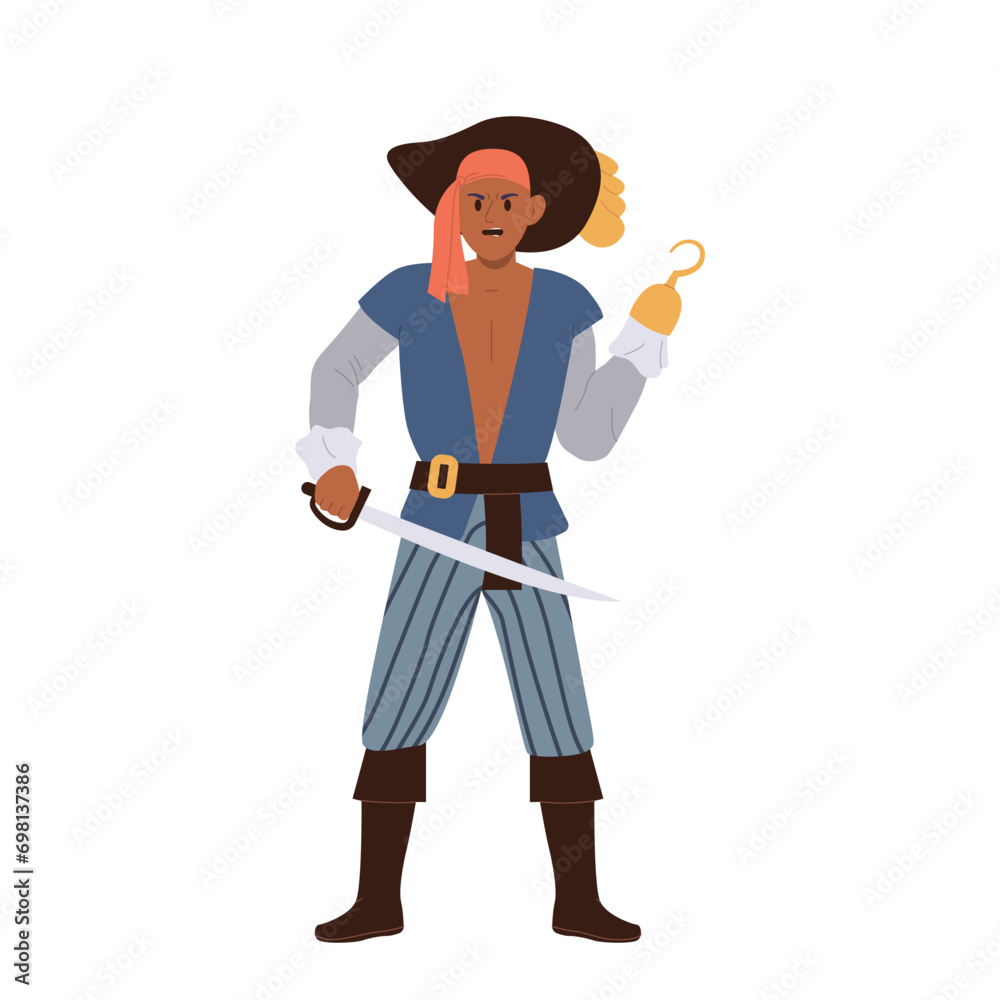 Cruel courageous pirate cartoon character with iron hook instead of hand holding sable in another