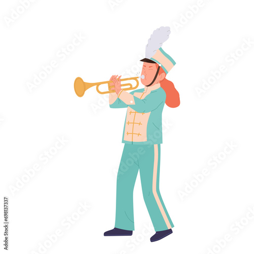 Cute little girl military orchestra musician cartoon character playing trumpet wind instrument