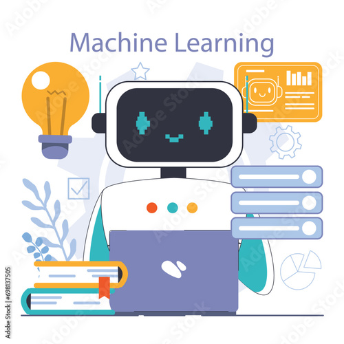 Ai integration. Artificial intelligence and human synergy. Neural network assistance and robotization of life. Self-learning computing system processing big data. Flat vector illustration