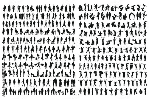 A set of working people black silhouette, vector collection,walking isolated men and women white background 