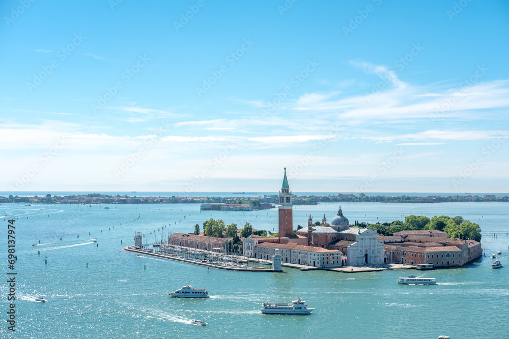 Aerial view of Venice with San Giorgio di Maggiore church. Venice is the capital of northern Italy’s Veneto region