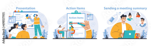 Business meeting set. Engaging presentations, identifying key action items, and summarizing for effective follow-up. Streamlined corporate communication. Flat vector illustration.