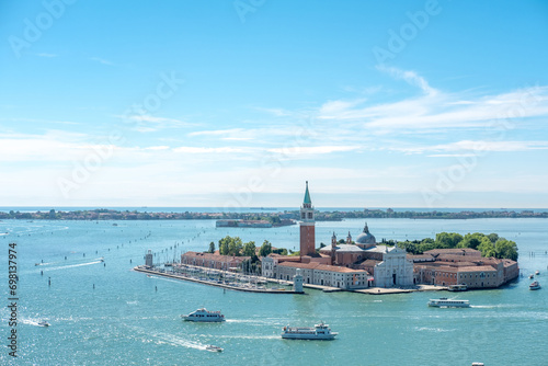 Aerial view of Venice with San Giorgio di Maggiore church. Venice is the capital of northern Italy’s Veneto region © moomusician