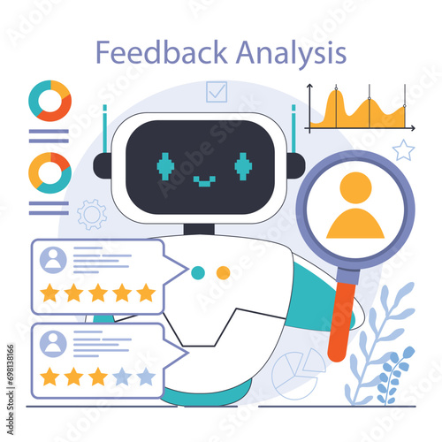 Chat bot. AI-powered customer service. Online consultation with artificial neural network. Artificial intelligence virtual assistant. Flat vector illustration
