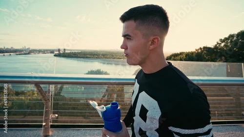 Caucasian Sportsman Standing Outside after Training