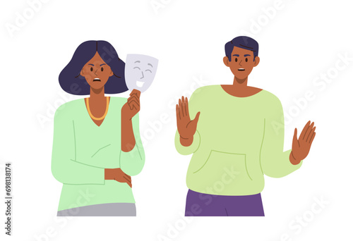 Angry frustrated man and woman cartoon characters gesturing stop sign hiding emotion under mask