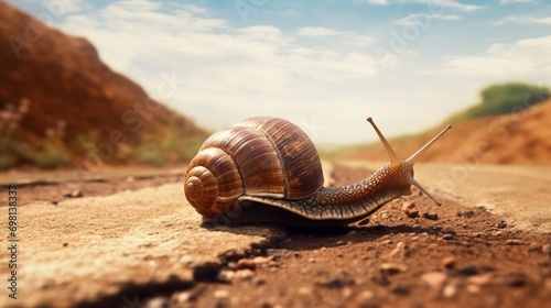 A desert snail, moving at its own pace, leaving a delicate trail behind.