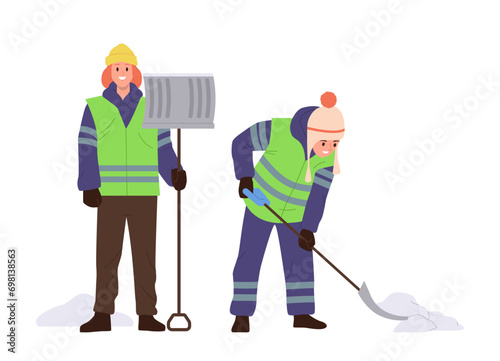 Happy people janitors cartoon characters cleaning street from snow together using manual shovel