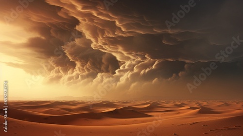 A desert storm in the horizon, with the wind carrying sand to reshape the dunes.